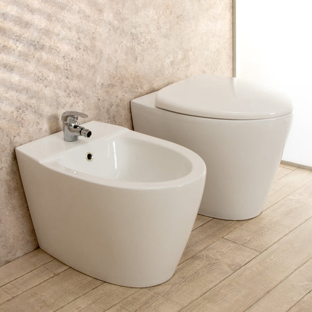 Sanitari Bagno Round Filo parete in Ceramica Wc con Sedile + Bidet