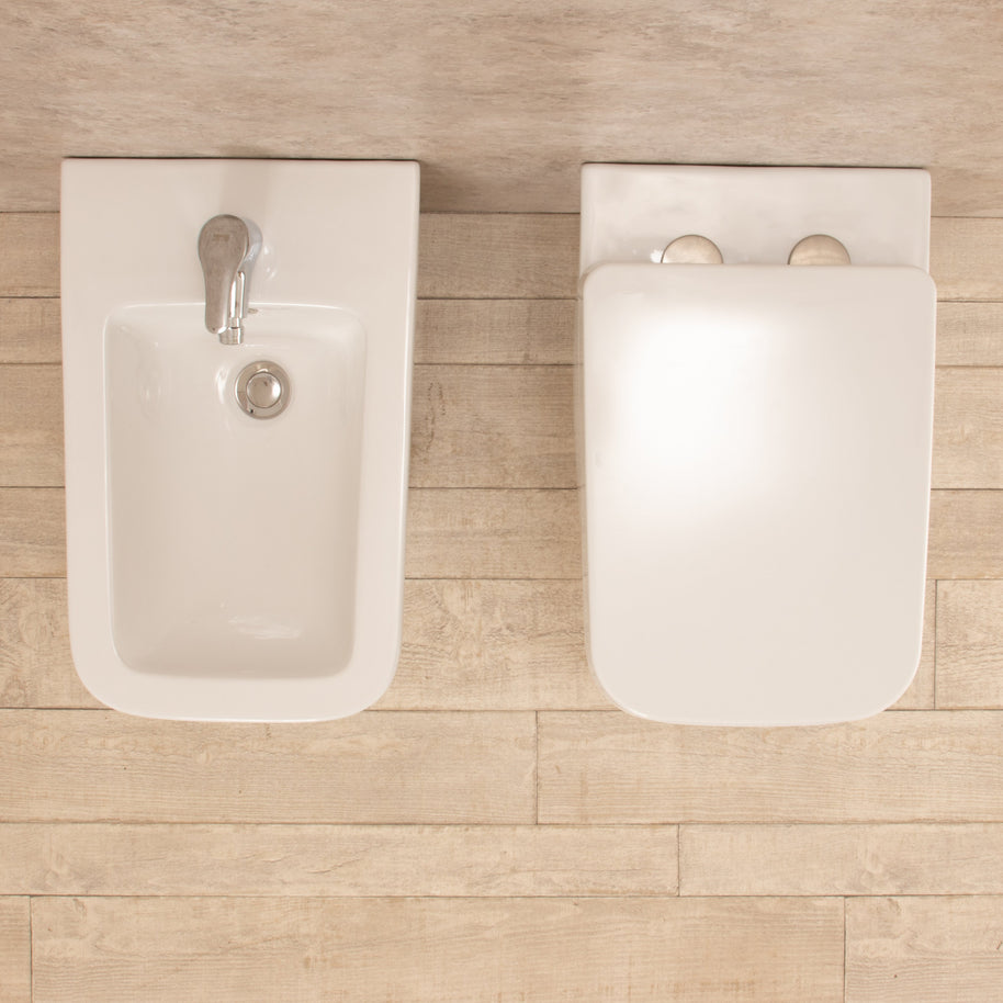 Sanitari Bagno Filo parete Minimal Wc con Sedile+Bidet in Ceramica