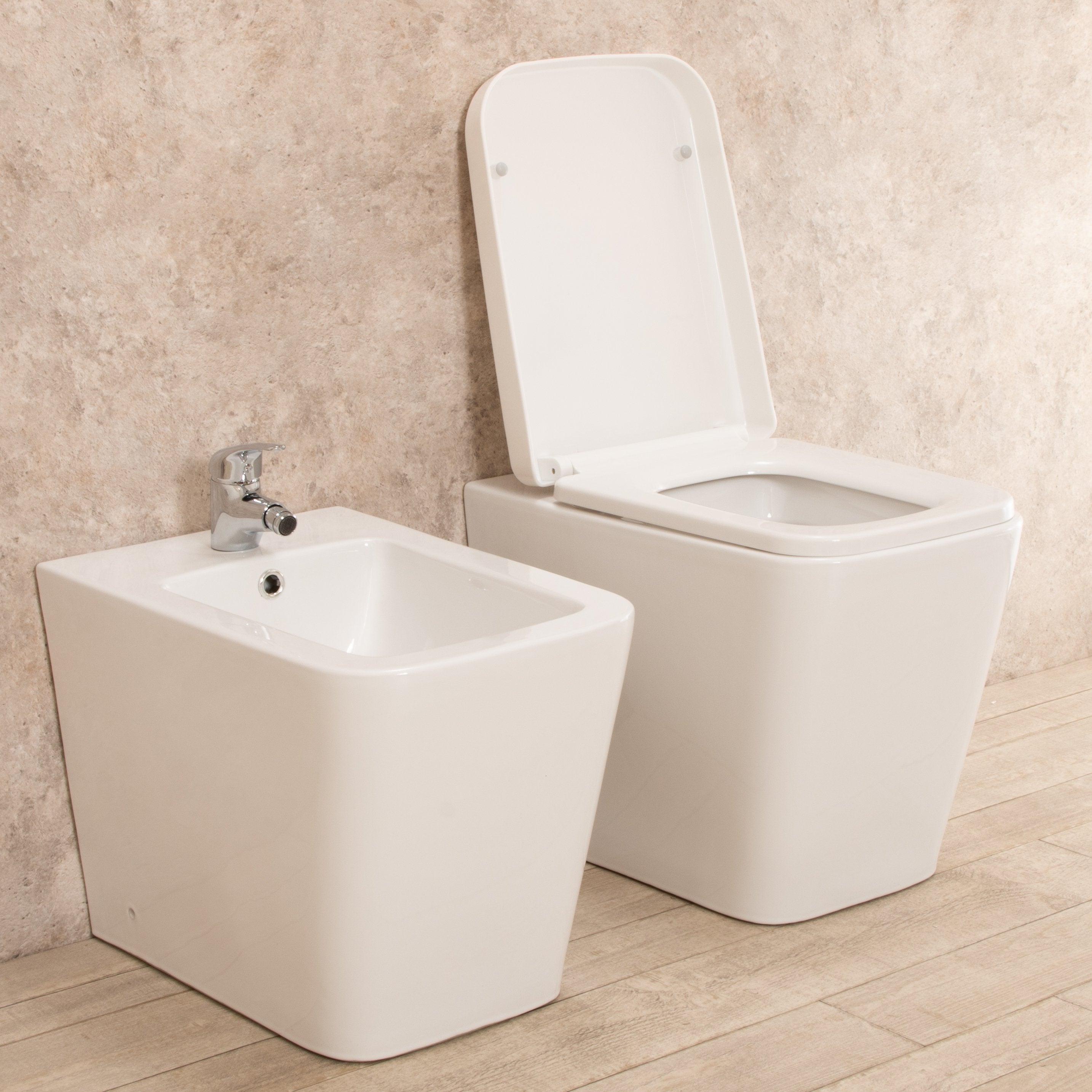 Sanitari Bagno Filo parete Minimal Wc con Sedile+Bidet in Ceramica