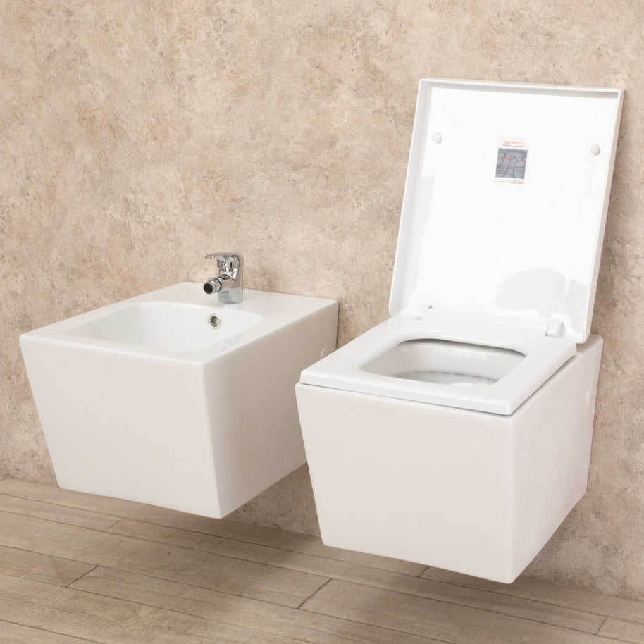 Sanitari Bagno Sospesi Square di Design WC con Tavoletta e Bidet