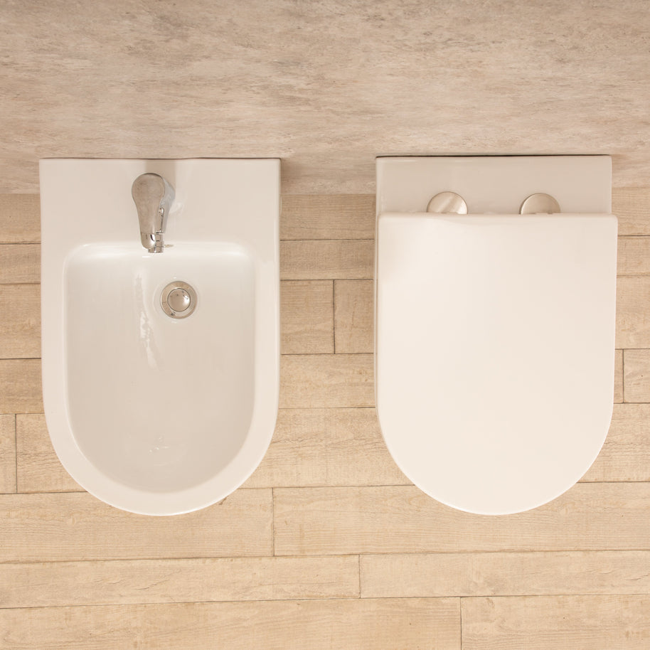 Sanitari Sospesi Vortix in Ceramica Wc senza brida Tavoletta e Bidet