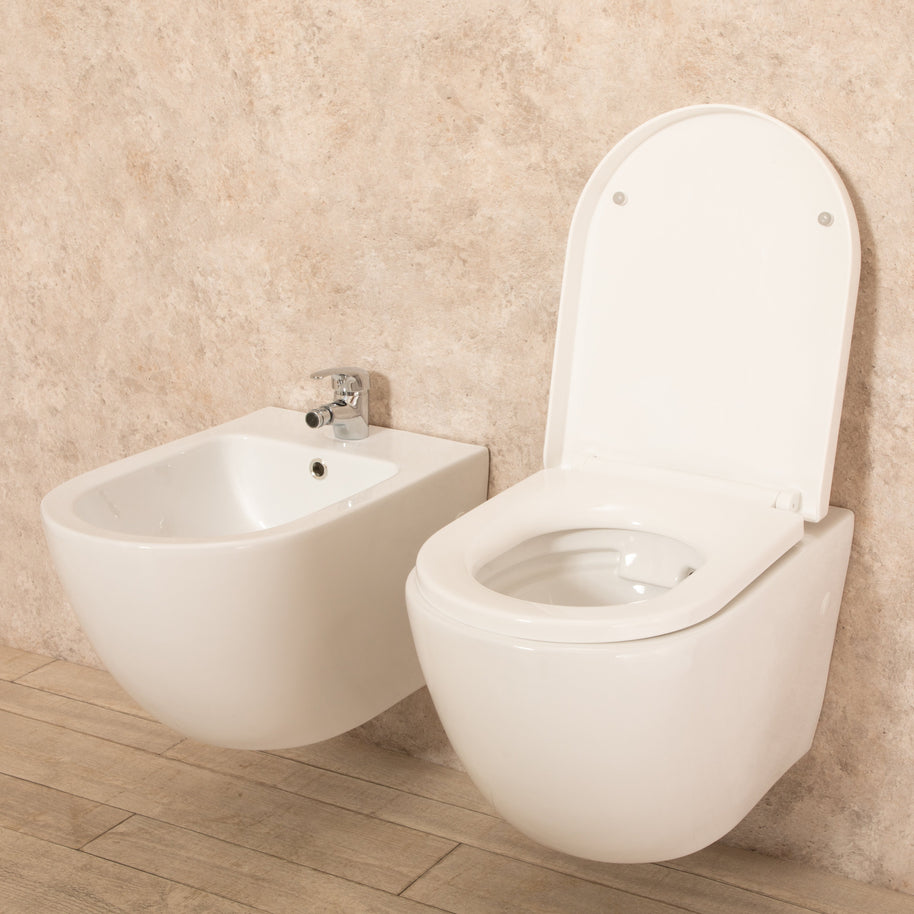 Sanitari Sospesi Vortix in Ceramica Wc senza brida Tavoletta e Bidet