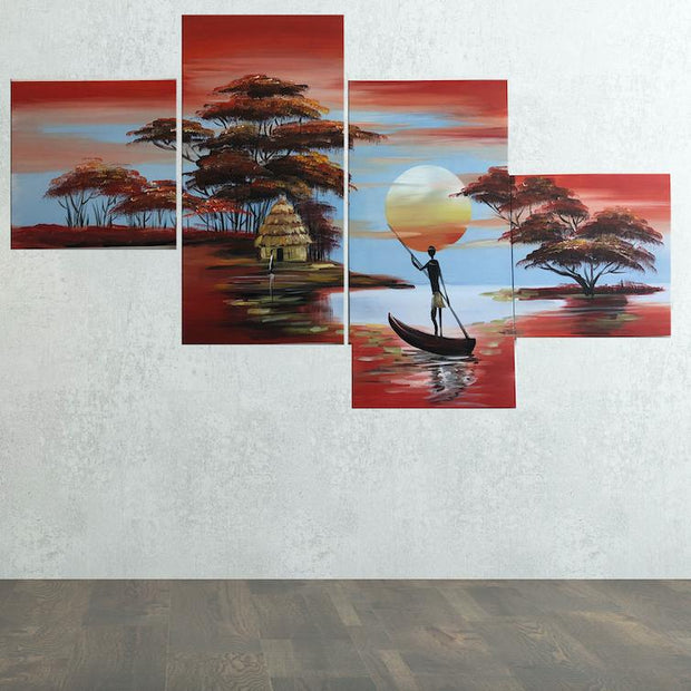 Quadro Moderno Dipinto a Mano su Tela a 4 Pannelli Tramonto Africato N63