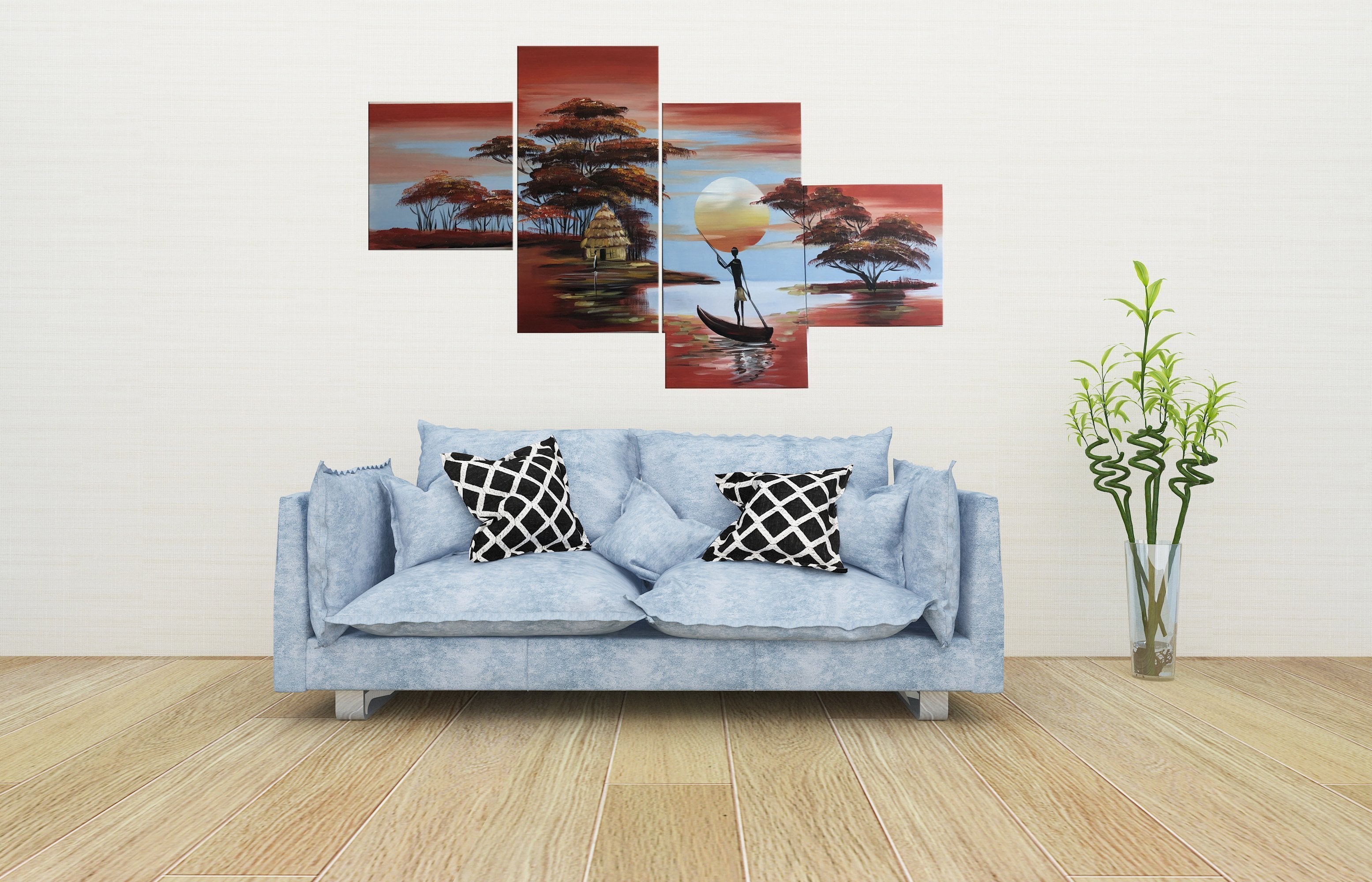 Quadro Moderno Dipinto a Mano su Tela a 4 Pannelli Tramonto Africato N63