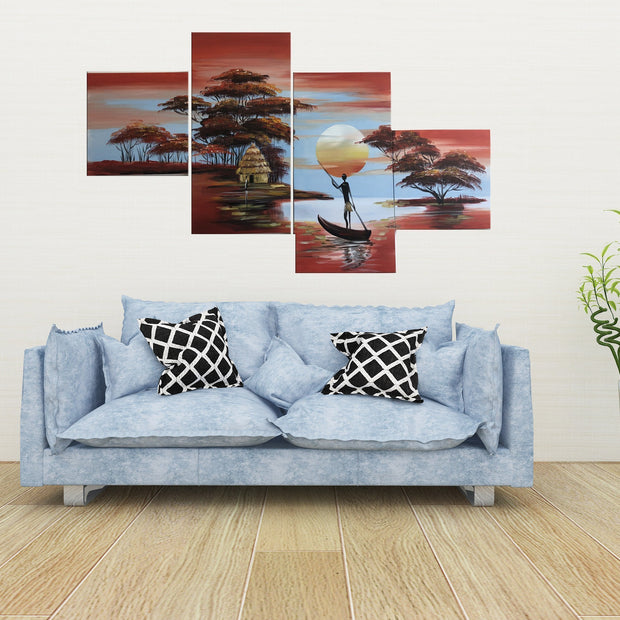 Quadro Moderno Dipinto a Mano su Tela a 4 Pannelli Tramonto Africato N63