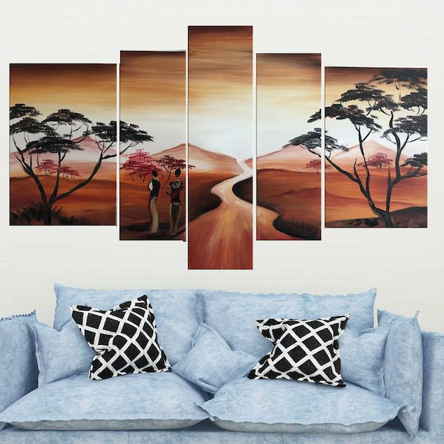 Quadro Moderno Dipinto a Mano su Tela Paesagistico a 5 Pannelli N64