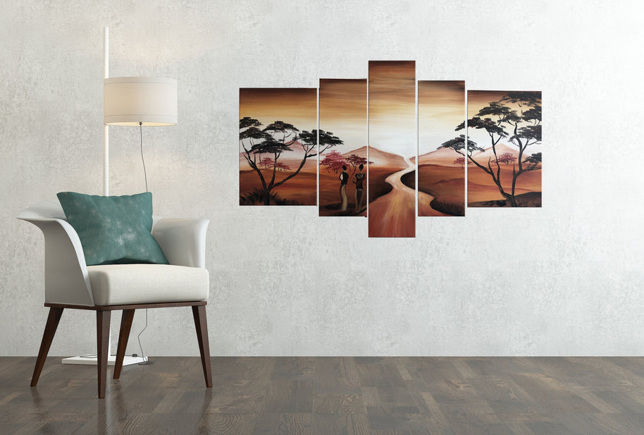 Quadro Moderno Dipinto a Mano su Tela Paesagistico a 5 Pannelli N64