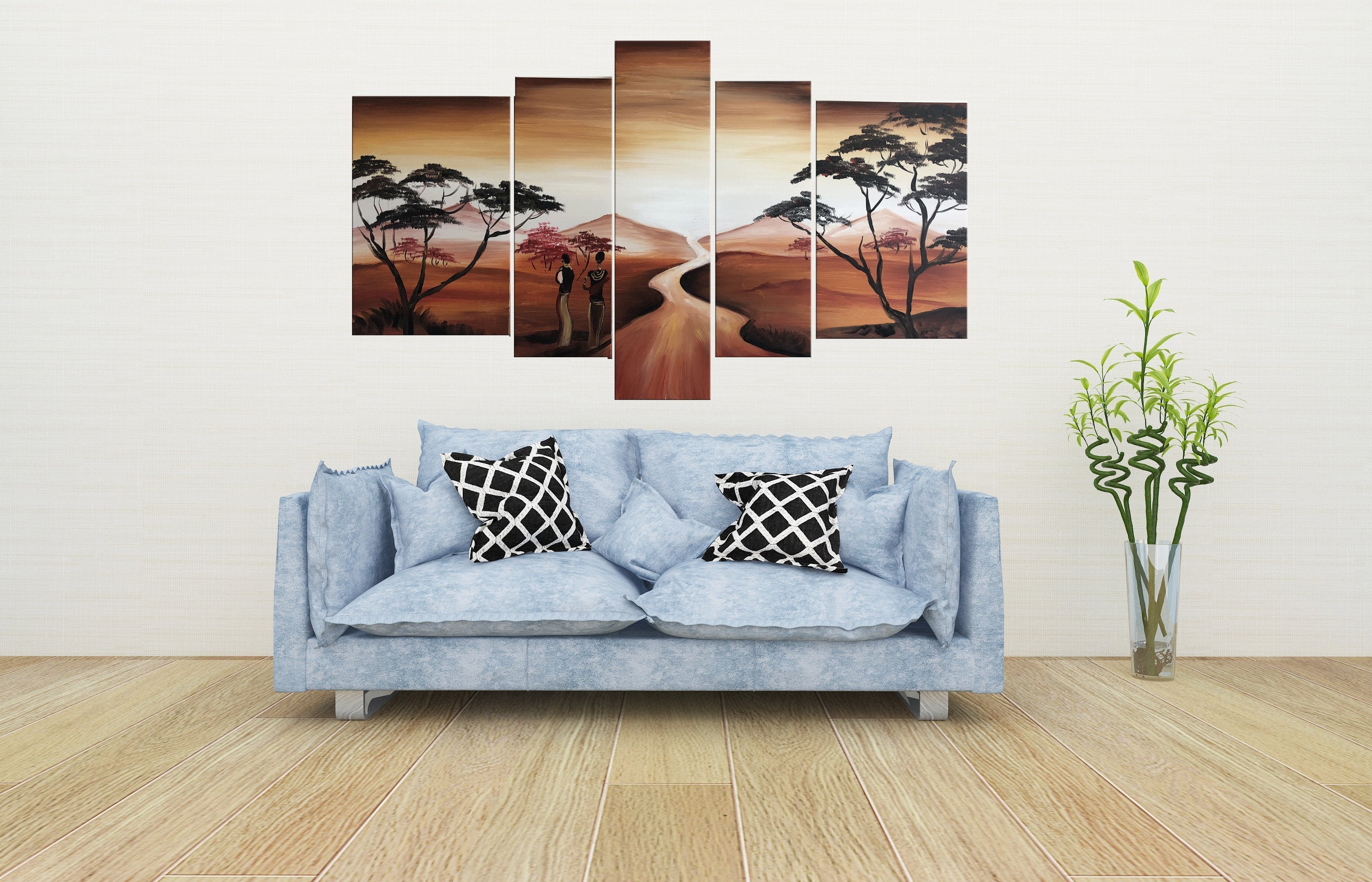 Quadro Moderno Dipinto a Mano su Tela Paesagistico a 5 Pannelli N64