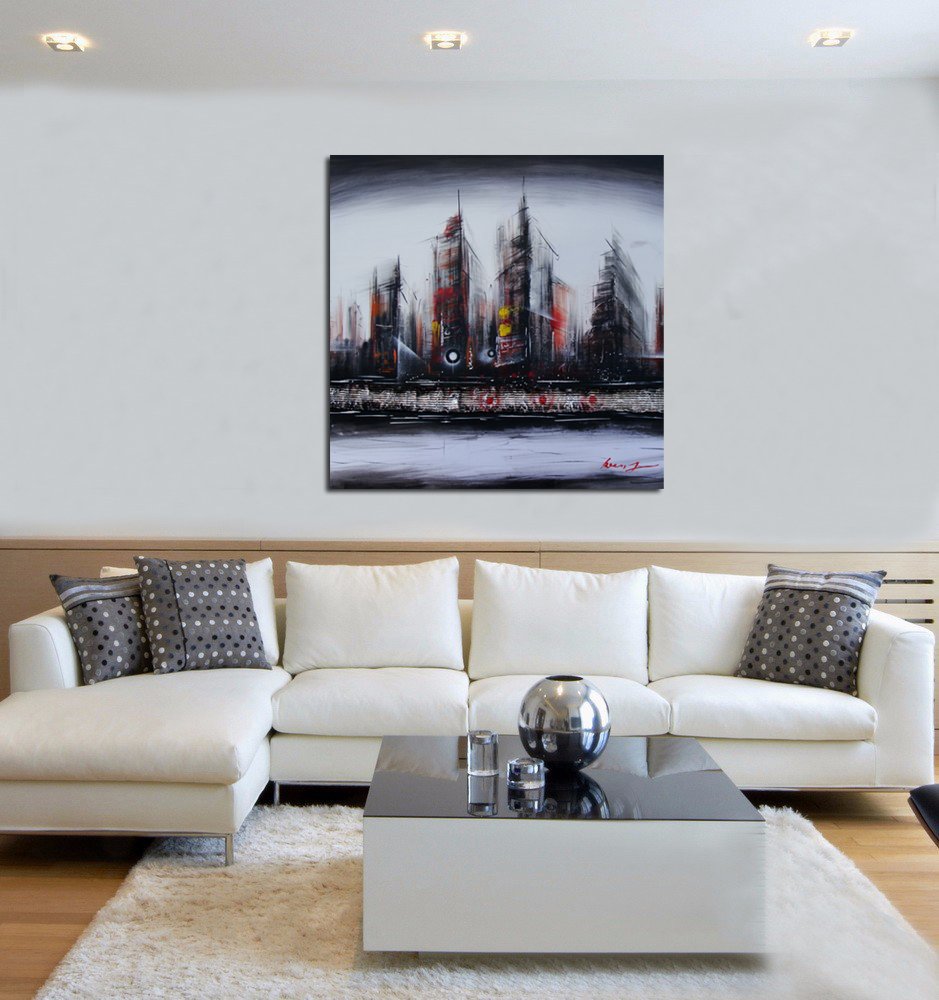 Quadro Dipinto a Mano Olio su Tela Città Astratta N73