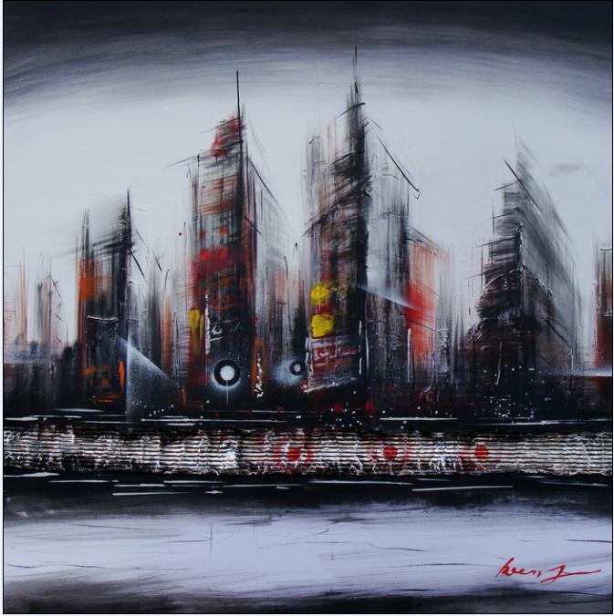 Quadro Dipinto a Mano Olio su Tela Città Astratta N73