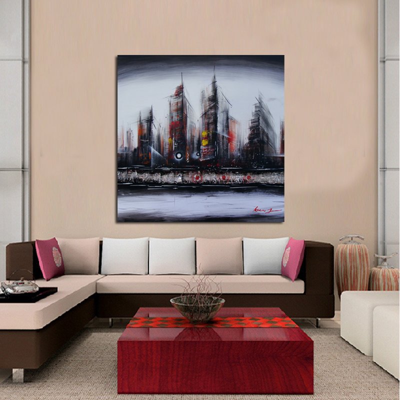 Quadro Dipinto a Mano Olio su Tela Città Astratta N73