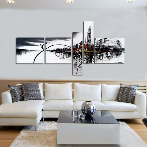 Quadro Moderno Dipinto a Mano su Tela Citta' Astratta a 5 Pannelli N85