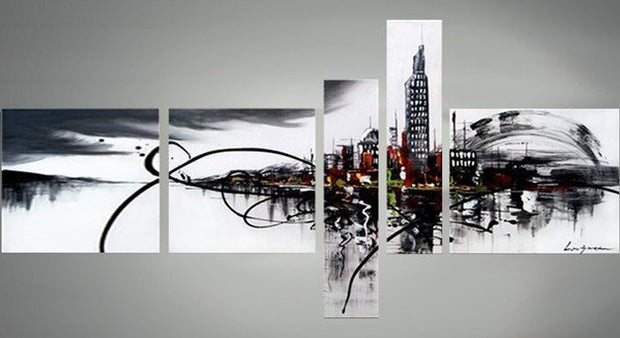 Quadro Moderno Dipinto a Mano su Tela Citta' Astratta a 5 Pannelli N85