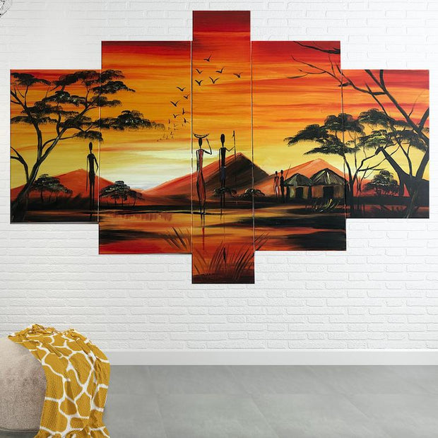 Quadro Dipinto a Mano Olio su Tela  a 5 Pannelli di un Paesaggio Africano N93