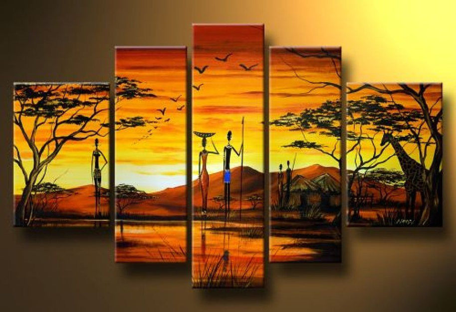 Quadro Dipinto a Mano Olio su Tela  a 5 Pannelli di un Paesaggio Africano N93