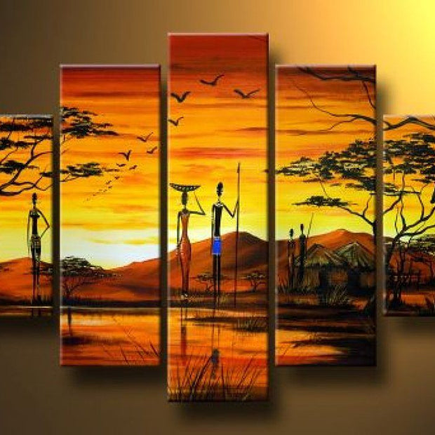 Quadro Dipinto a Mano Olio su Tela  a 5 Pannelli di un Paesaggio Africano N93