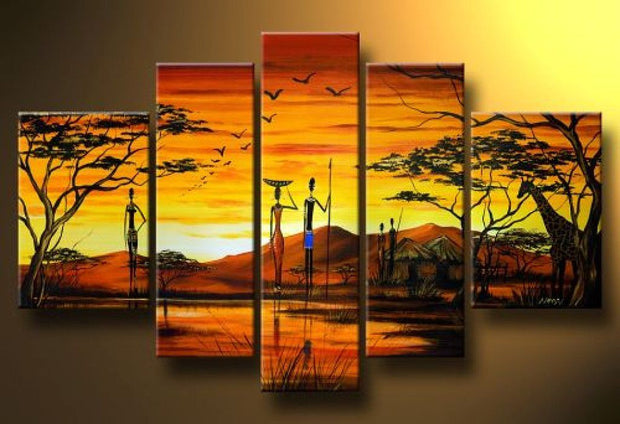 Quadro Dipinto a Mano Olio su Tela  a 5 Pannelli di un Paesaggio Africano N93