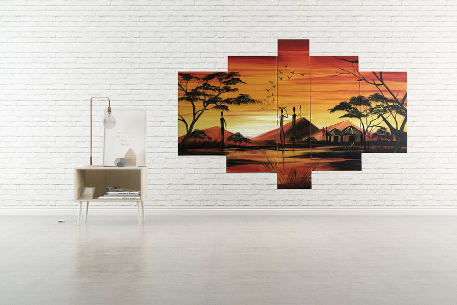 Quadro Dipinto a Mano Olio su Tela  a 5 Pannelli di un Paesaggio Africano N93