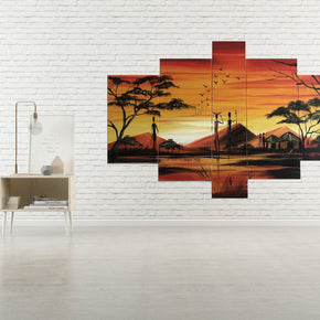Quadro Dipinto a Mano Olio su Tela  a 5 Pannelli di un Paesaggio Africano N93