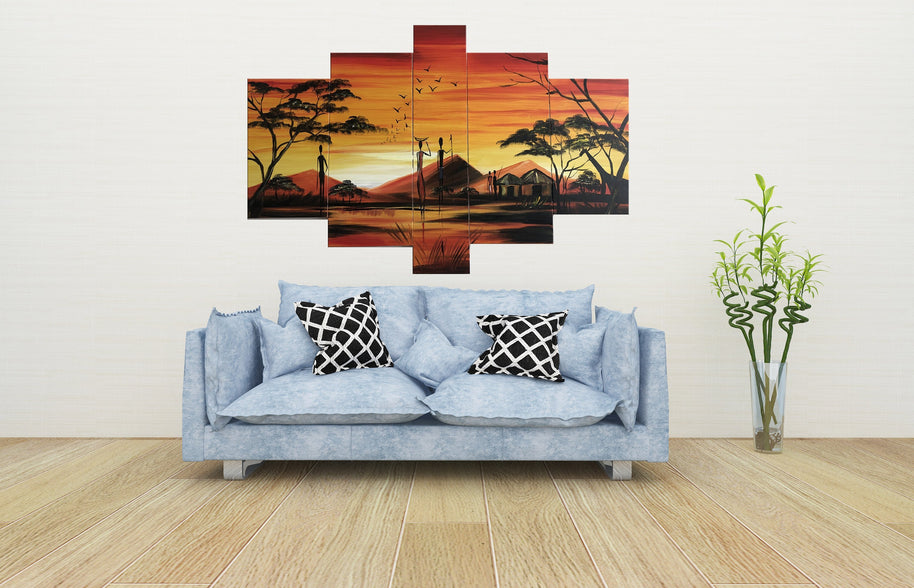 Quadro Dipinto a Mano Olio su Tela  a 5 Pannelli di un Paesaggio Africano N93