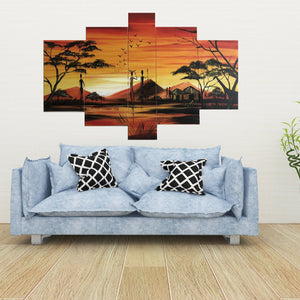 Quadro Dipinto a Mano Olio su Tela  a 5 Pannelli di un Paesaggio Africano N93