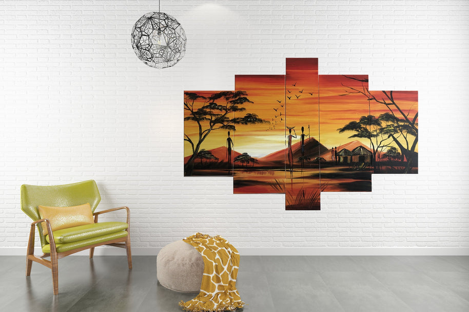 Quadro Dipinto a Mano Olio su Tela  a 5 Pannelli di un Paesaggio Africano N93