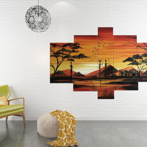 Quadro Dipinto a Mano Olio su Tela  a 5 Pannelli di un Paesaggio Africano N93