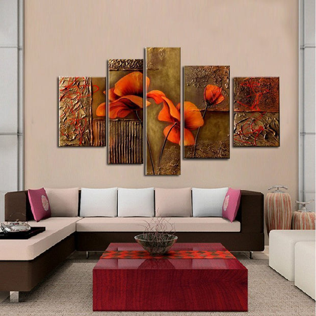 Quadro Dipinto a Mano Olio su Tela Motivo Floreale a 5 Pannelli N95