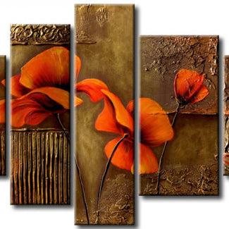 Quadro Dipinto a Mano Olio su Tela Motivo Floreale a 5 Pannelli N95