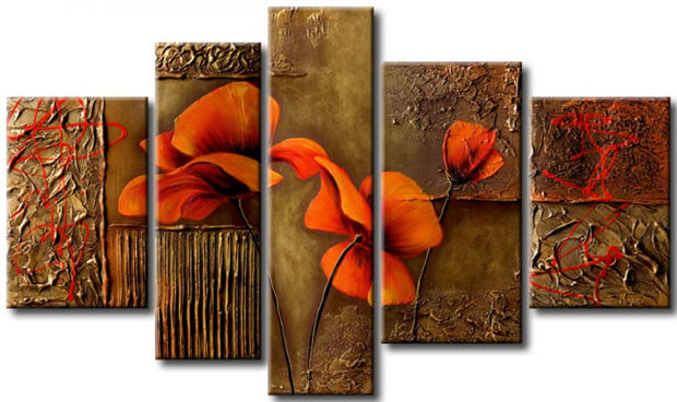 Quadro Dipinto a Mano Olio su Tela Motivo Floreale a 5 Pannelli N95