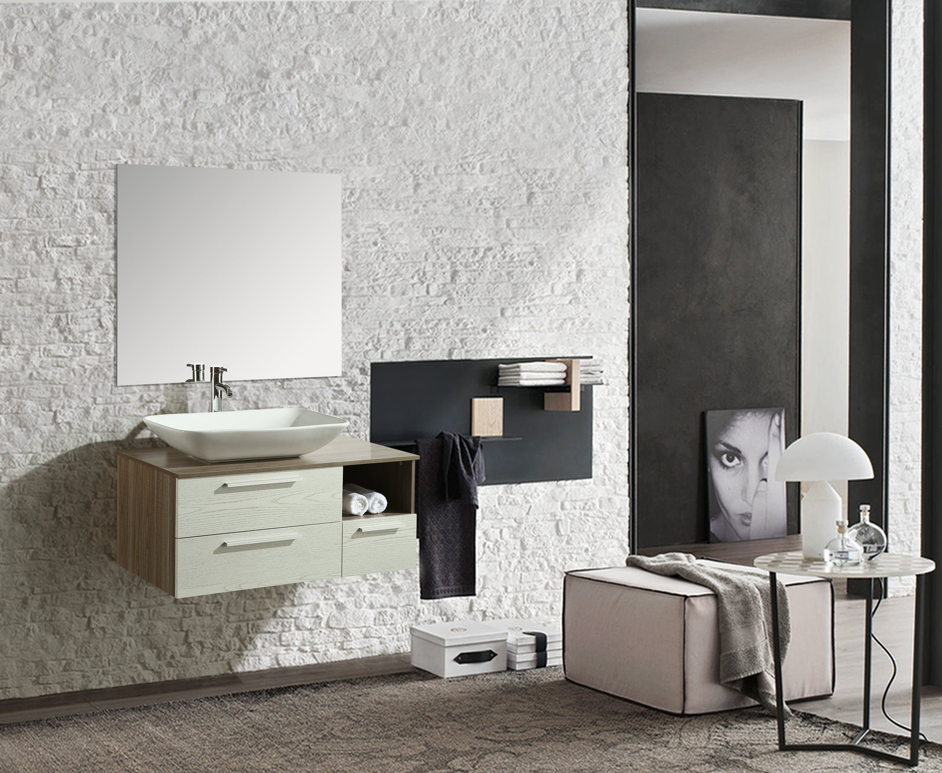 Mobile Arredo Bagno London 100 cm Sospeso di Design Rovere-bianco
