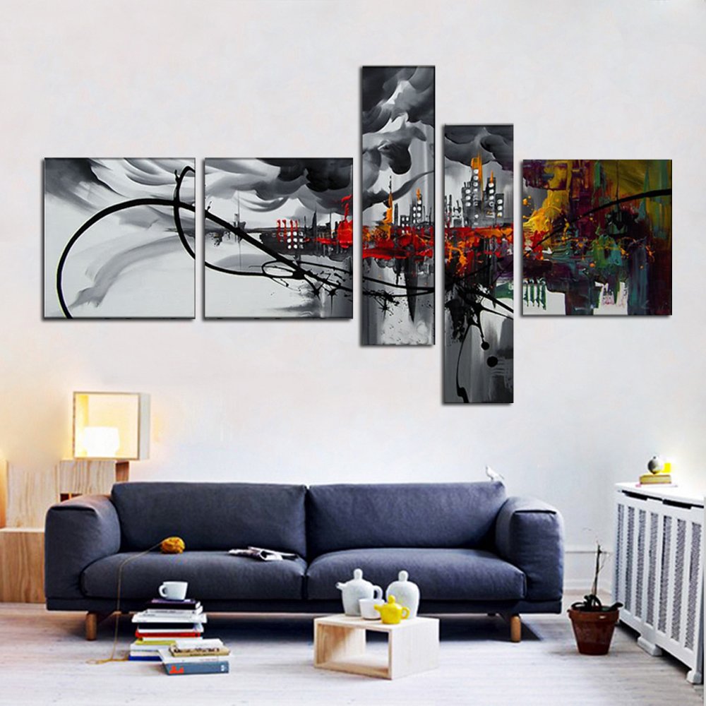 Quadro Moderno Dipinto a Mano su Tela Astratto a 5 Pannelli N24