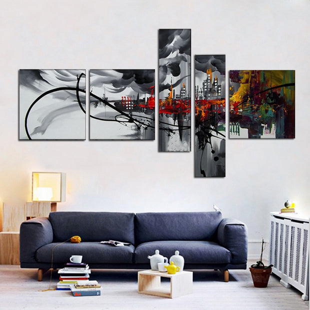 Quadro Moderno Dipinto a Mano su Tela Astratto a 5 Pannelli N24
