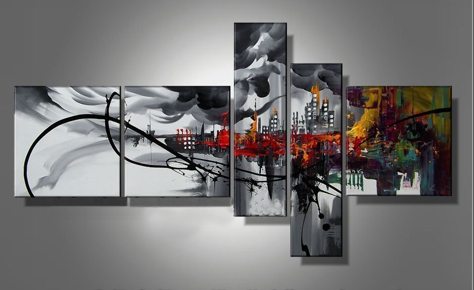 Quadro Moderno Dipinto a Mano su Tela Astratto a 5 Pannelli N24