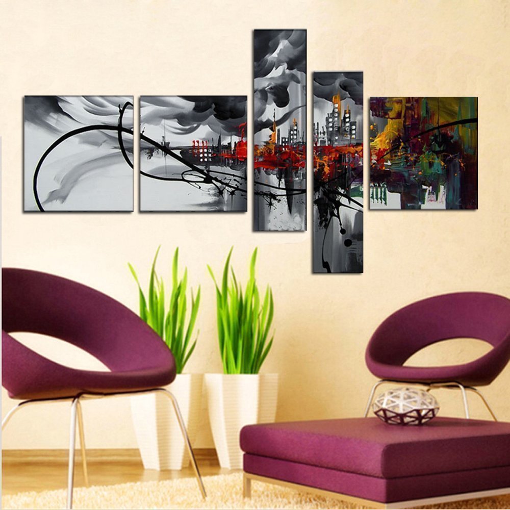 Quadro Moderno Dipinto a Mano su Tela Astratto a 5 Pannelli N24