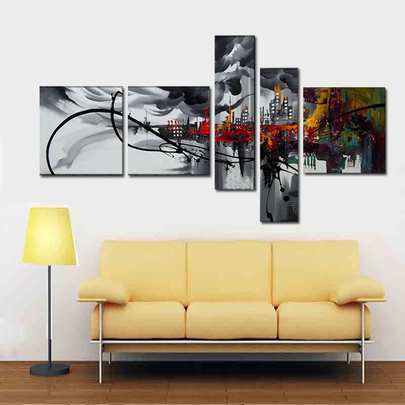 Quadro Moderno Dipinto a Mano su Tela Astratto a 5 Pannelli N24
