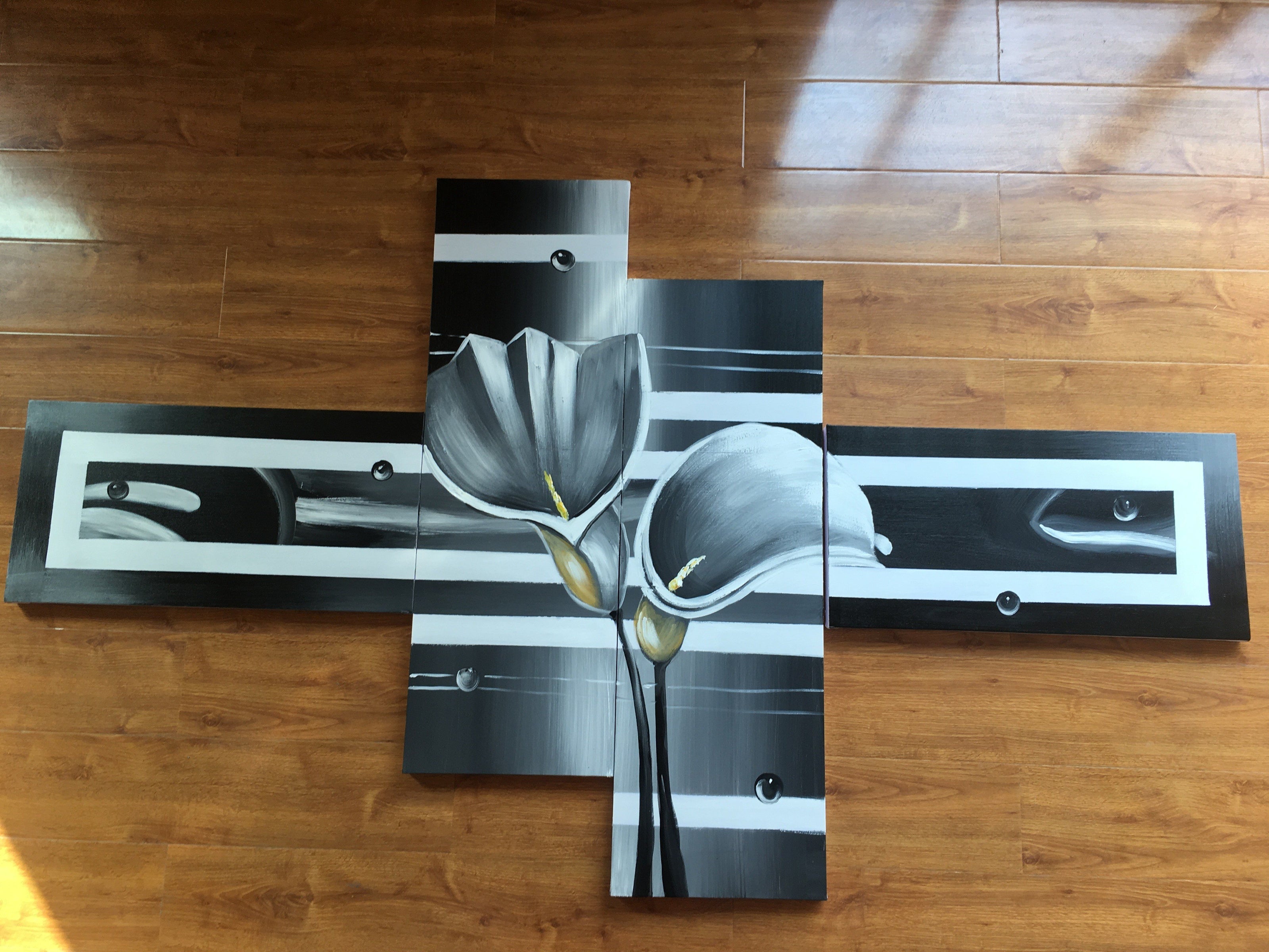 Quadro Dipinto a Mano Olio su Tela Motivo Floreale a 4 Pannelli N28