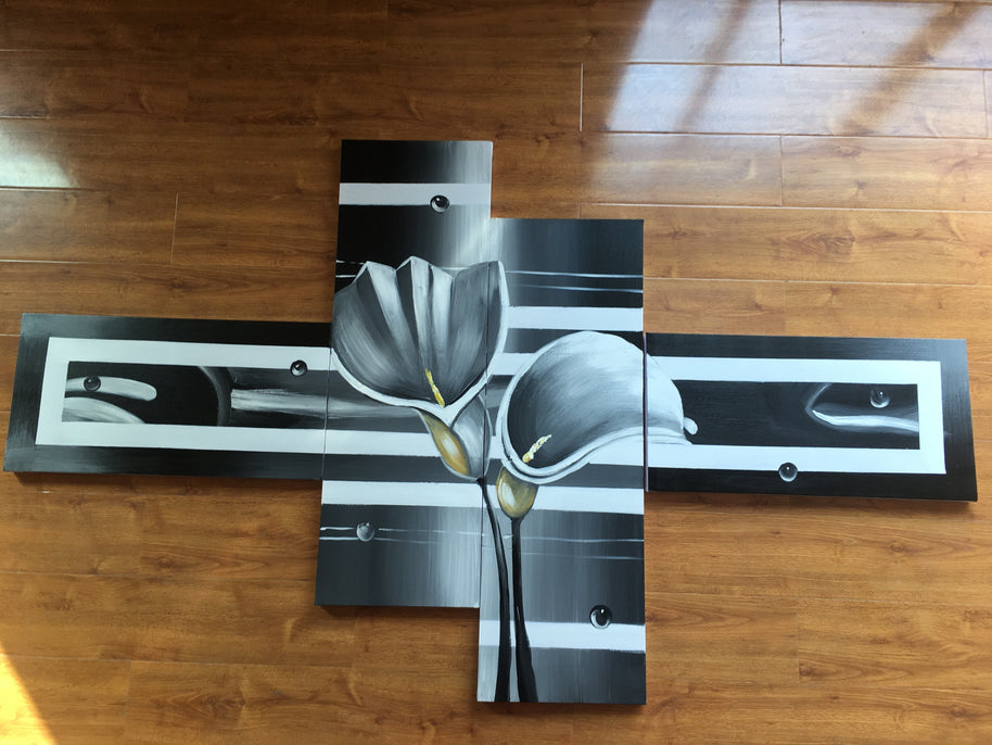 Quadro Dipinto a Mano Olio su Tela Motivo Floreale a 4 Pannelli N28