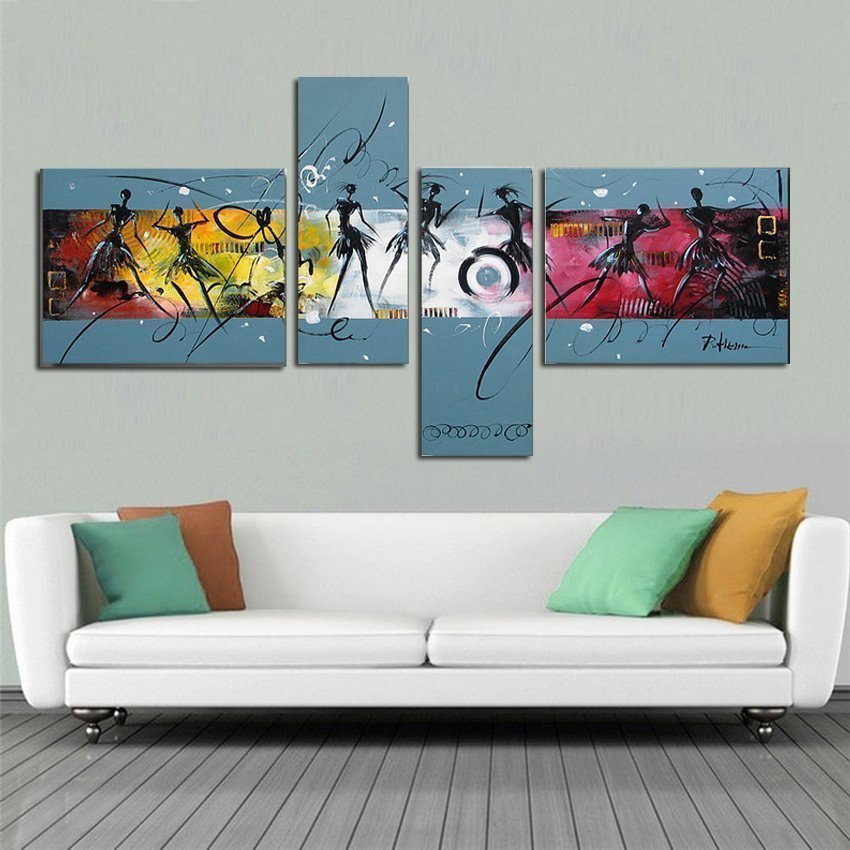 Quadro Moderno Dipinto a Mano Olio su Tela Astratto a 4 Pannelli N32