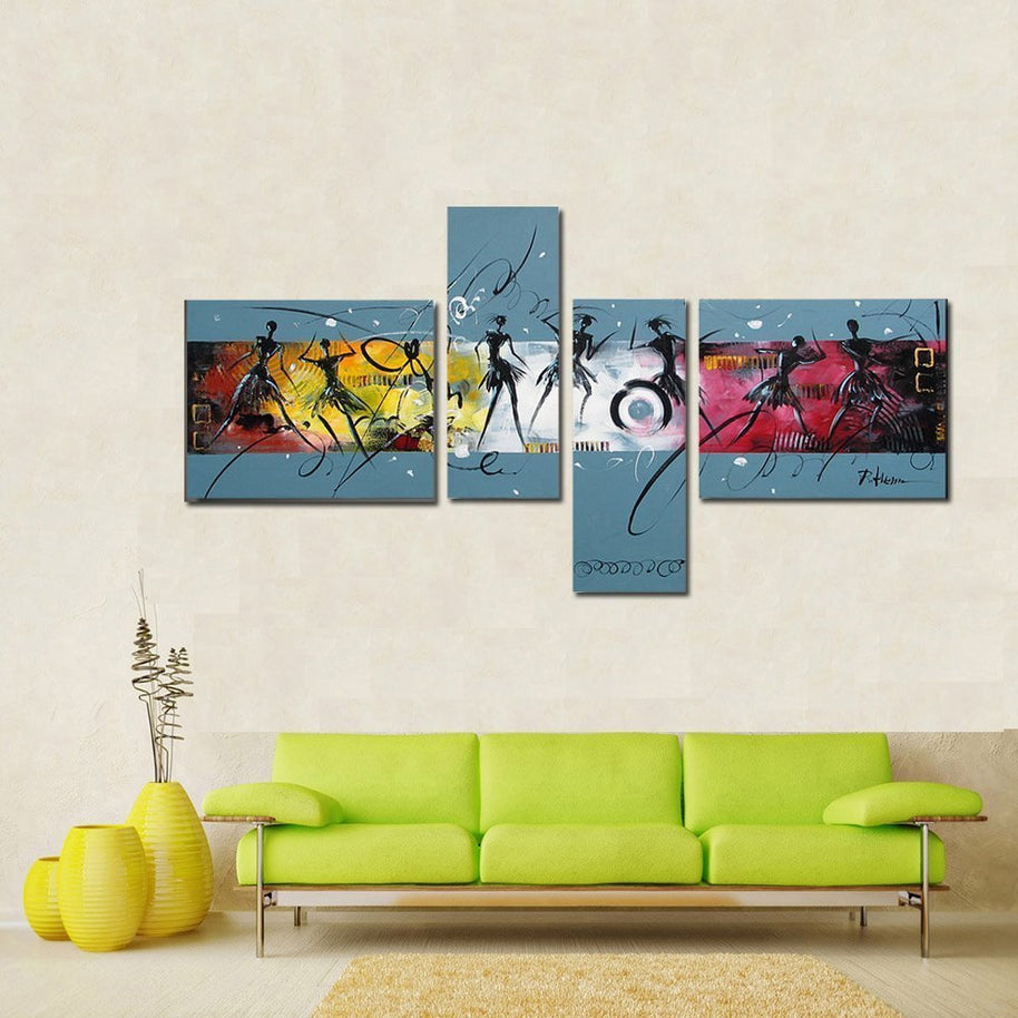 Quadro Moderno Dipinto a Mano Olio su Tela Astratto a 4 Pannelli N32