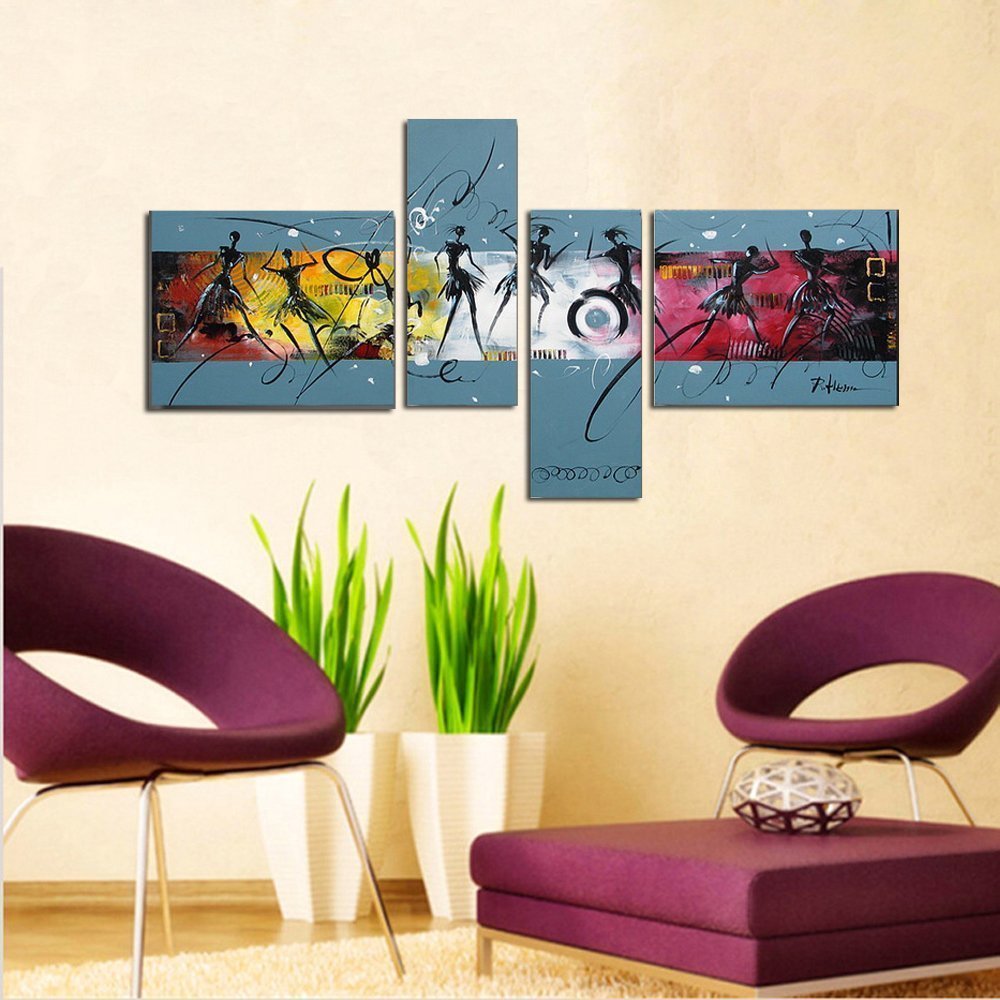 Quadro Moderno Dipinto a Mano Olio su Tela Astratto a 4 Pannelli N32