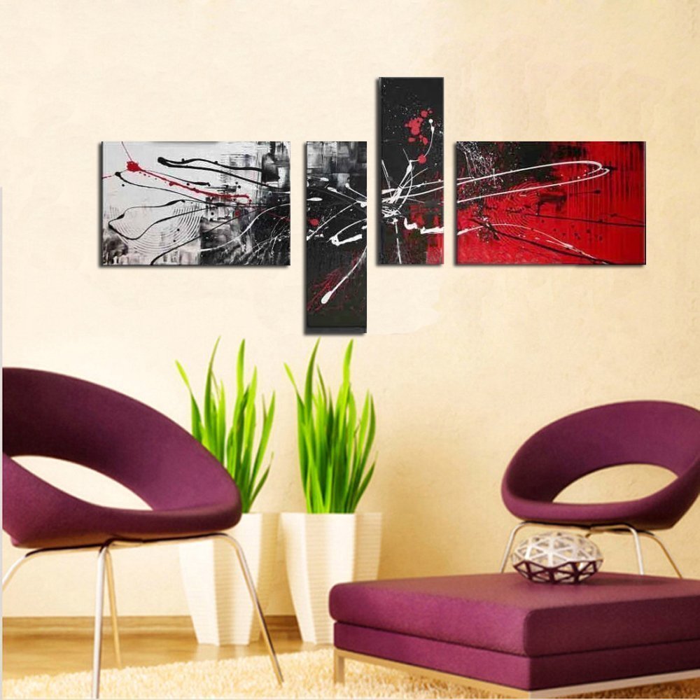 Quadro Moderno Dipinto a Mano su Tela Astratto a 4 Pannelli N35