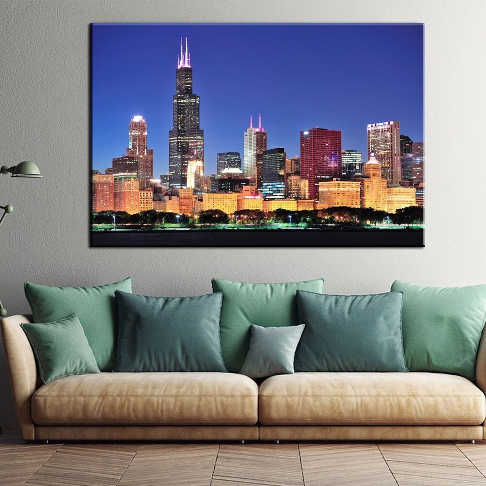 Stampa Quadro Canvas su Tela con luce a LED Chicago Città Urbana N107