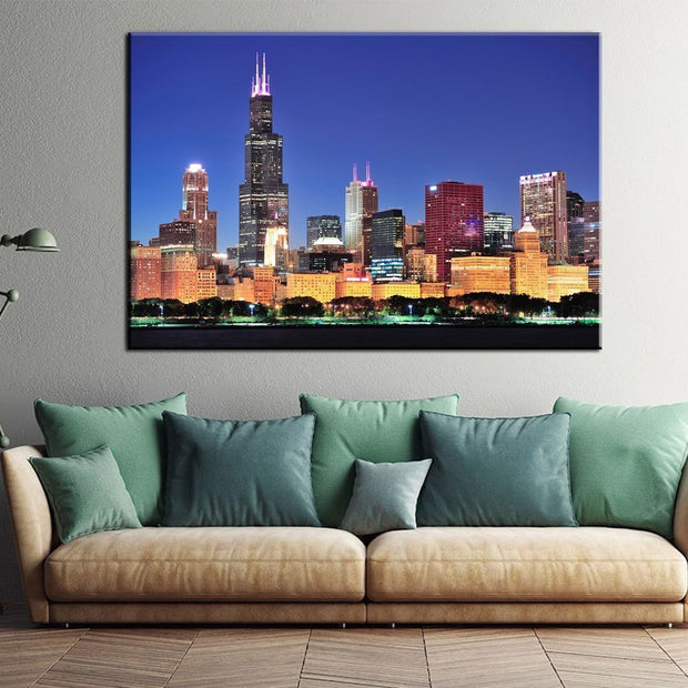 Stampa Quadro Canvas su Tela con luce a LED Chicago Città Urbana N107