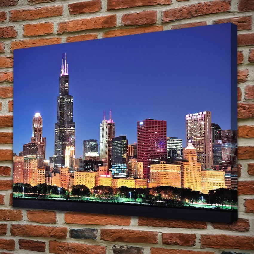 Stampa Quadro Canvas su Tela con luce a LED Chicago Città Urbana N107