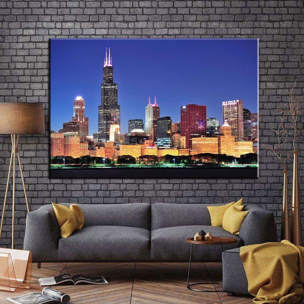 Stampa Quadro Canvas su Tela con luce a LED Chicago Città Urbana N107