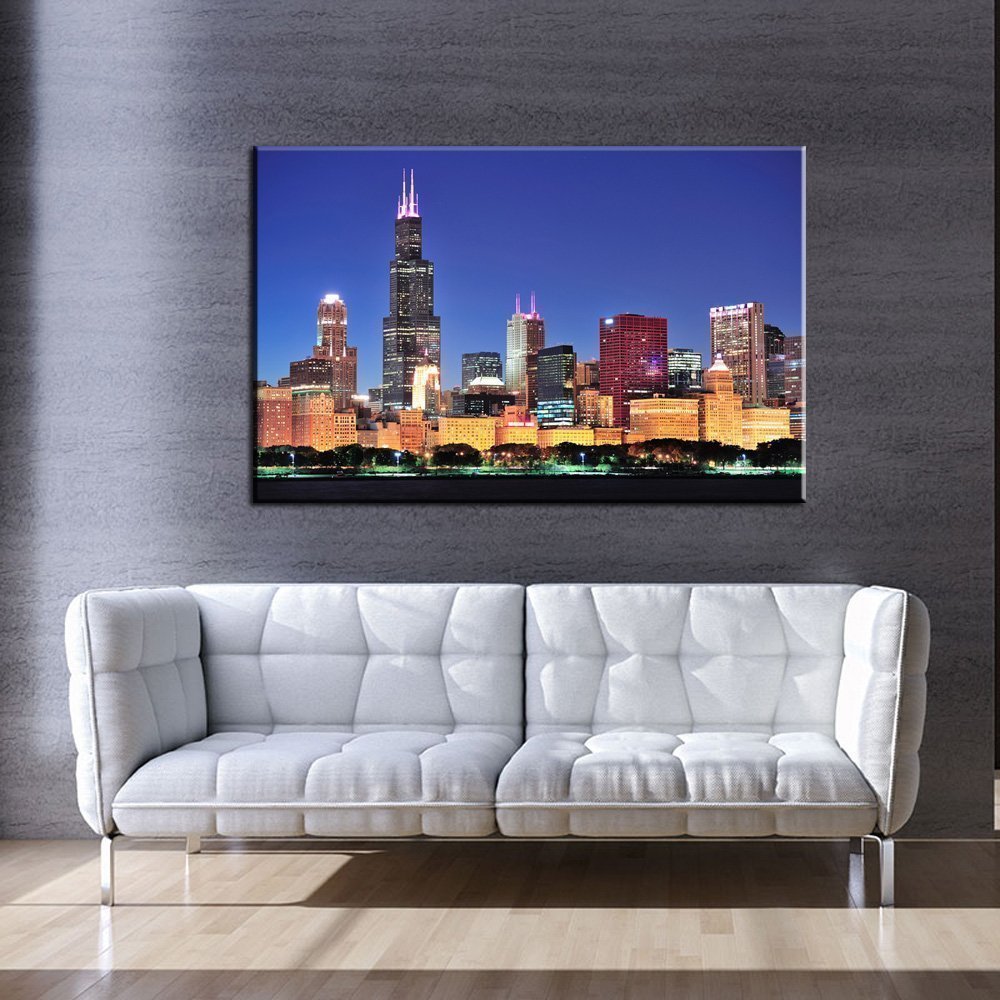 Stampa Quadro Canvas su Tela con luce a LED Chicago Città Urbana N107