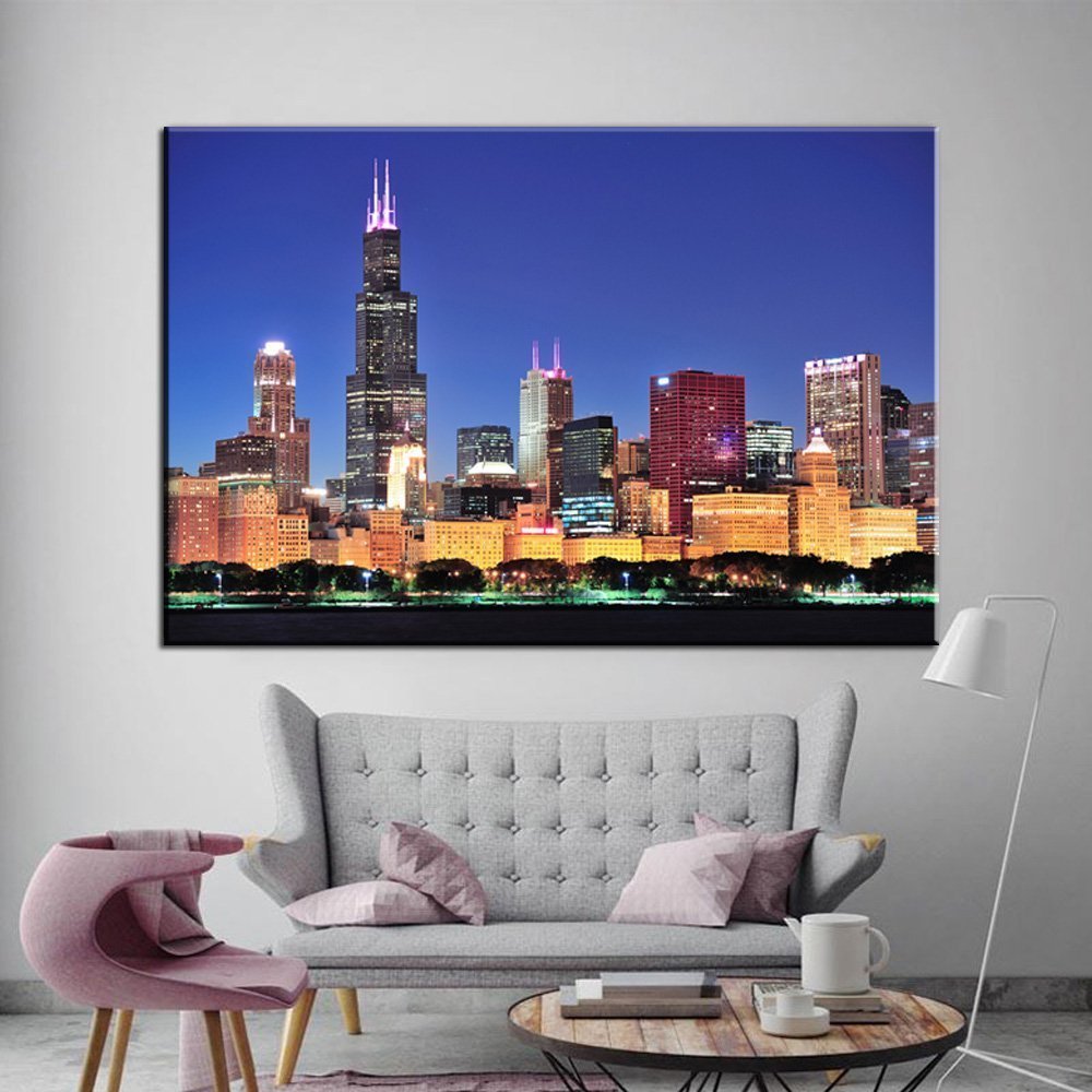 Stampa Quadro Canvas su Tela con luce a LED Chicago Città Urbana N107
