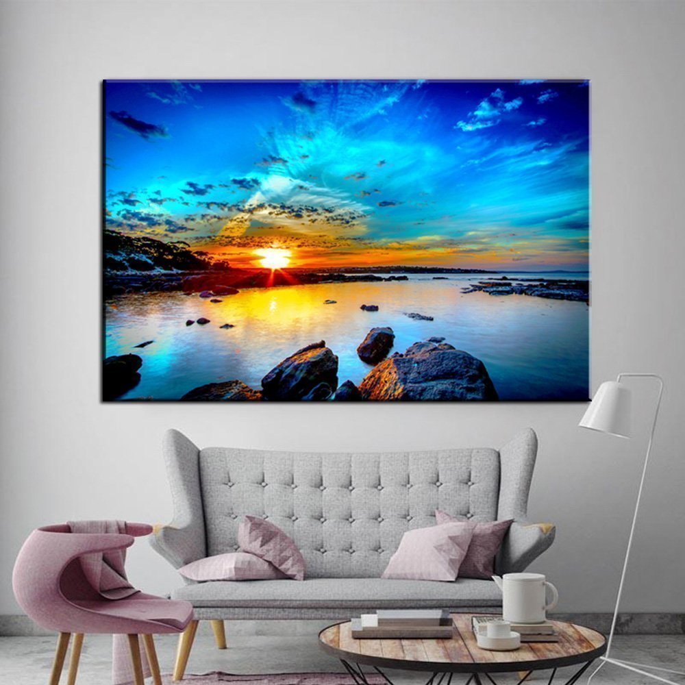 Stampa Quadro Canvas su Tela Retroilluminata con luce a LED  Tramonto sul mare N116