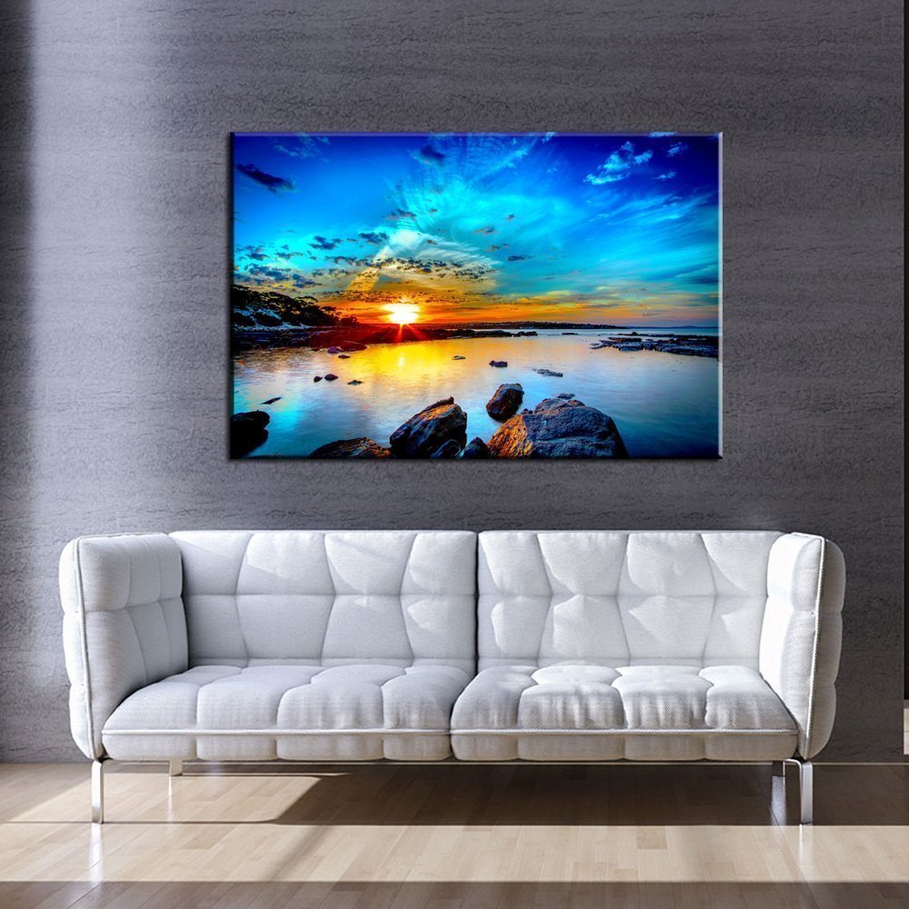 Stampa Quadro Canvas su Tela Retroilluminata con luce a LED  Tramonto sul mare N116